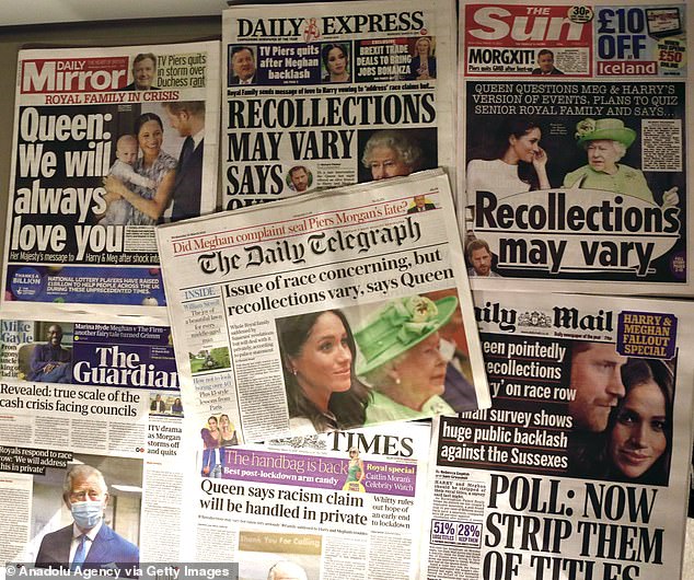 An arrangement of UK daily newspapers shows front page headlines reporting the Palace's response to the interview