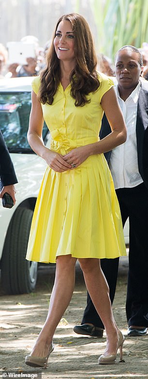 In 2012 the Princess wore a £180 yellow Jaeger dress and £145 LK Bennett shoes on a trip to the Solomon Islands