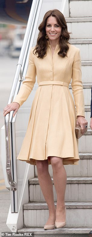 In Bhutan in April 2016, Natasha opted for a butter yellow bespoke Emilia Wickstead coat dress, costing £1,200