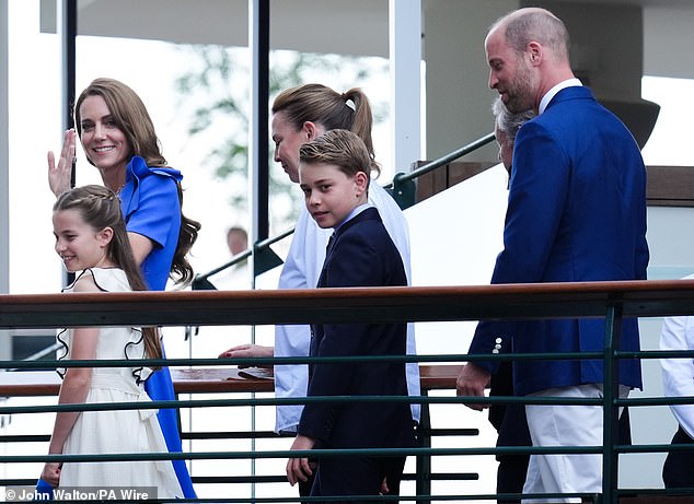 The Prince and Princess of Wales, with Princess Charlotte and Prince George as they arrive on day fourteen of the 2025 Wimbledon Championships