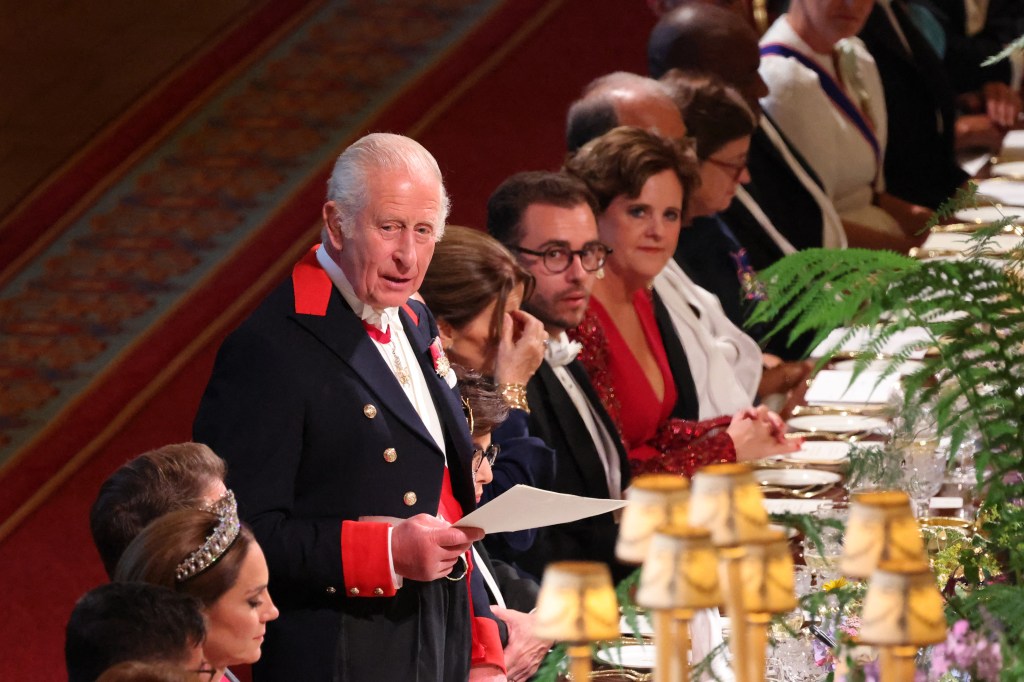 King Charles III delivers a speech during a state banquet