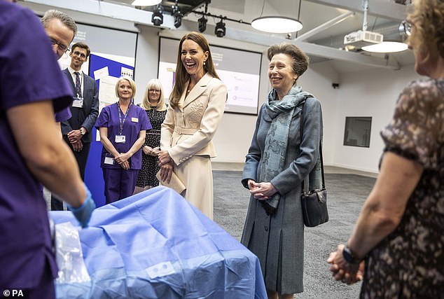 During the outing, the Princess Royal left midwives and the Duchess of Cambridge in stitches when she recalled fearing one of her babies had become 'wedged' when she tripped over in a horse lorry while heavily pregnant