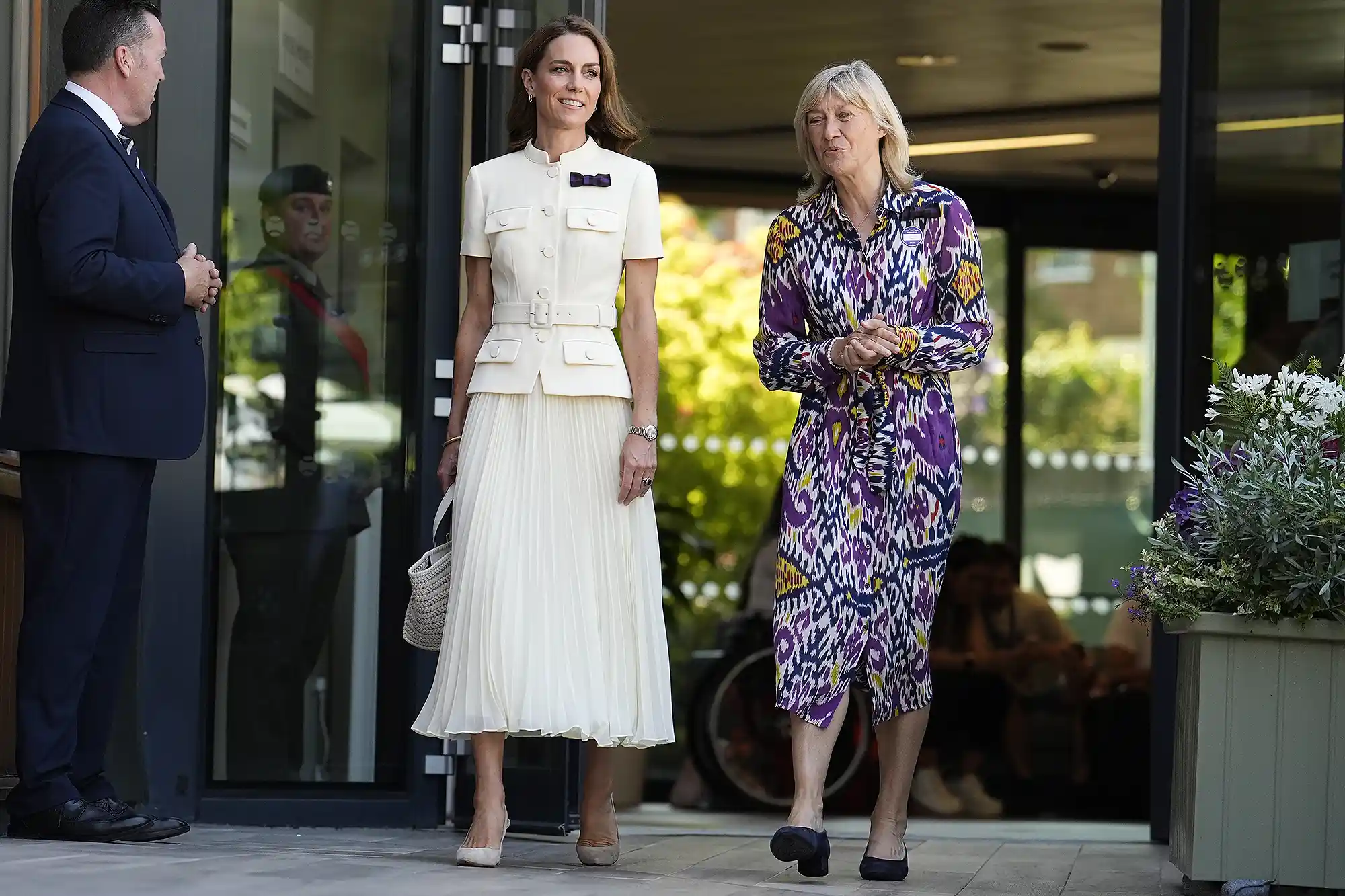 LONDON, ENGLAND - JULY 12: Catherine, Princess of Wales with AELTC chair Debbie Jevans as she arrives to attend the Ladies' Singles Final during day thirteen of The Championships Wimbledon 2025 at All England Lawn Tennis and Croquet Club on July 12, 2025 in London, England.