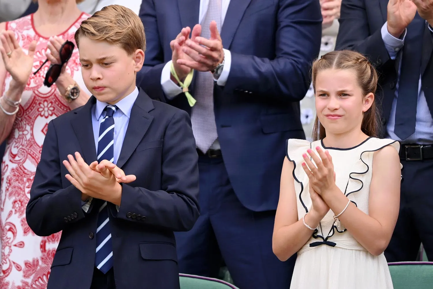 Prince George of Wales and Princess Charlotte of Wales attend day fourteen of the Wimbledon Tennis Championships at the All England Lawn Tennis and Croquet Club at All England Lawn Tennis and Croquet Club on July 13, 2025 in London, England. 