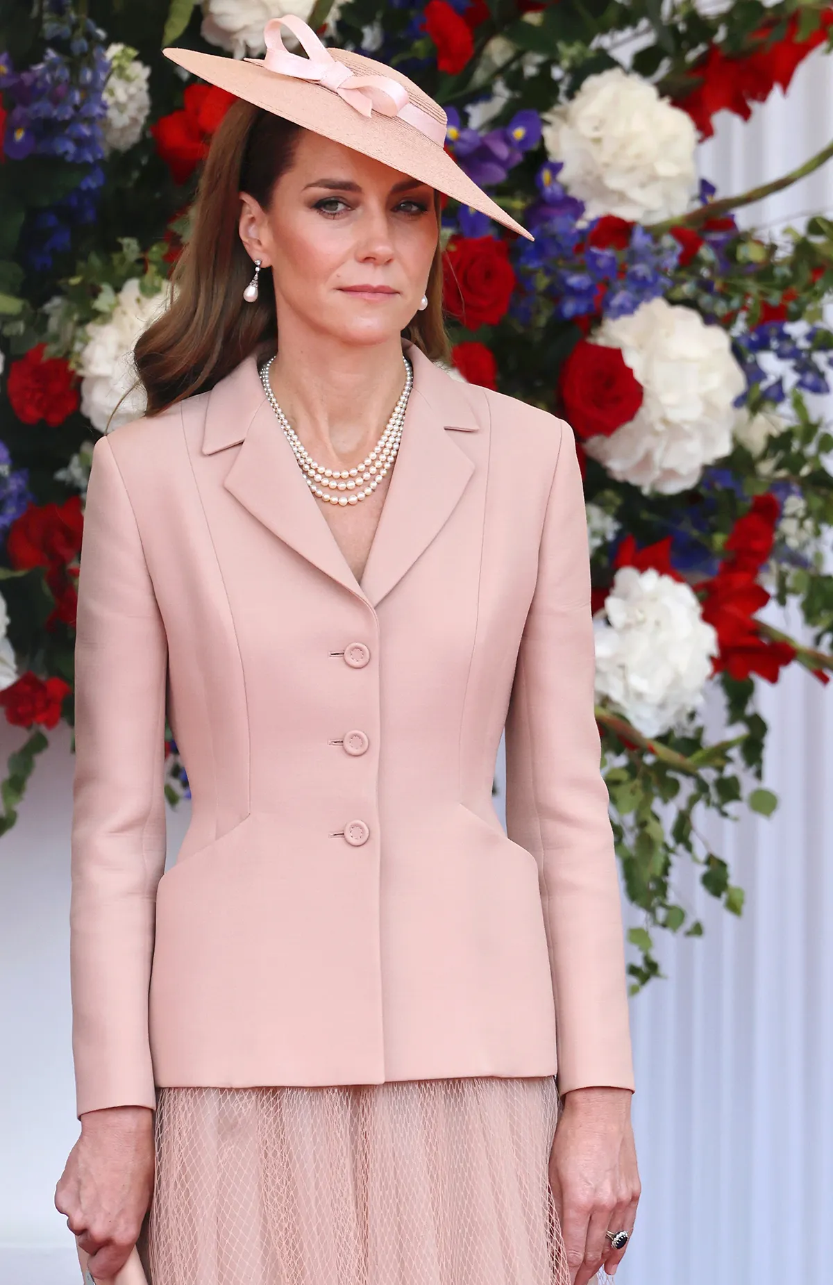 Catherine, Princess of Wales awaits the arrival of President Emmanuel Macron and Mrs Brigitte Macron on July 08, 2025 in Windsor, England
