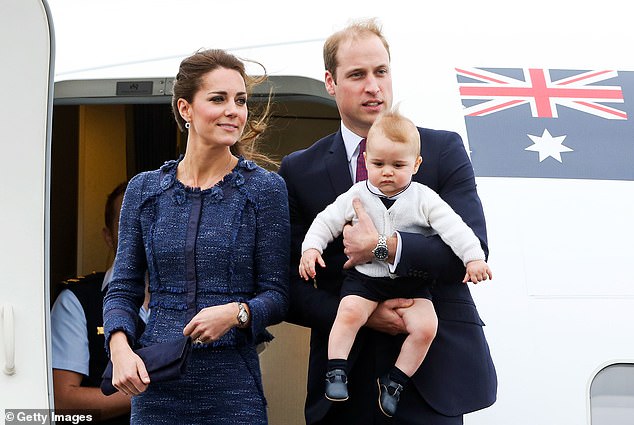 Kate, William and George look on before boarding a Royal Australian Air Force plane for their flight to Australia at Wellington Airport's military terminal April 16, 2014 in Wellington, New Zealand