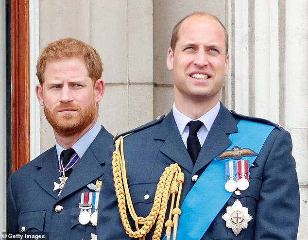 Harry and William are pictured on the Buckingham Palace balcony during the RAF 100 flypast