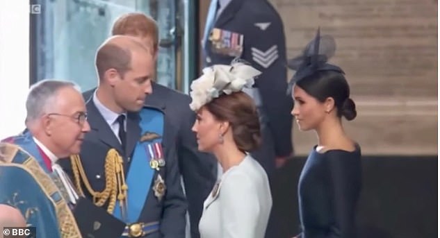 At the Westminster Abbey service to mark 100 years of the RAF, William stepped in between his wife and Meghan