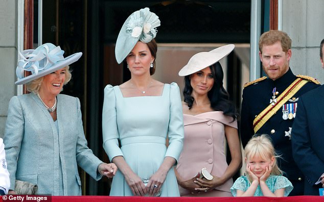 Camilla, Kate, Meghan, Harry and Isla Phillips are pictured on the balcony during Trooping the Colour in June 2018