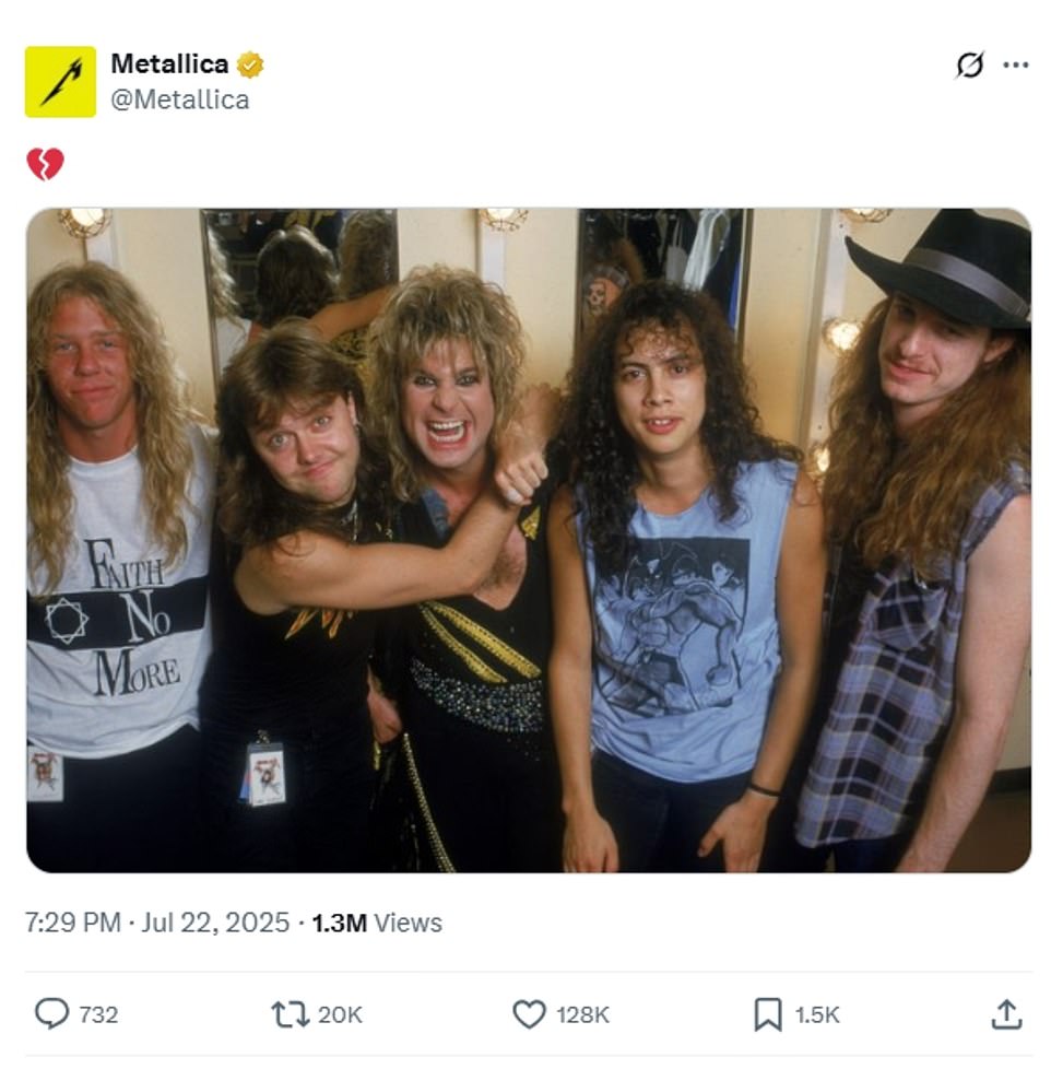 American heavy metal band Metallica shared a heartwarming photograph taken with Osbourne, alongside a broken heart emoji