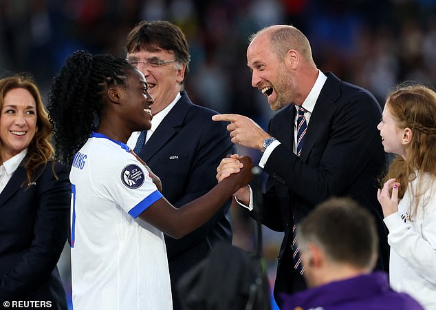As the presentation ceremony took place, the Prince of Wales was among those to congratulate star striker Michelle Agyemang (pictured together) on being named young player of the tournament