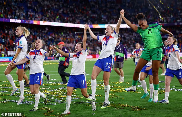 England's Niamh Charles, Lauren Hemp, Alessia Russo and Khiara Keating celebrate their win