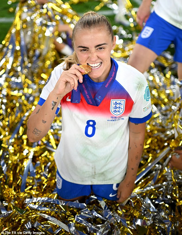 Georgia Stanway of England poses for a photo with her medal after winning the UEFA Women's EURO 2025 Final