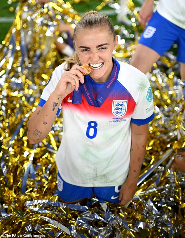 Georgia Stanway poses for a photo with her medal after winning the UEFA Women's EURO 2025 Final