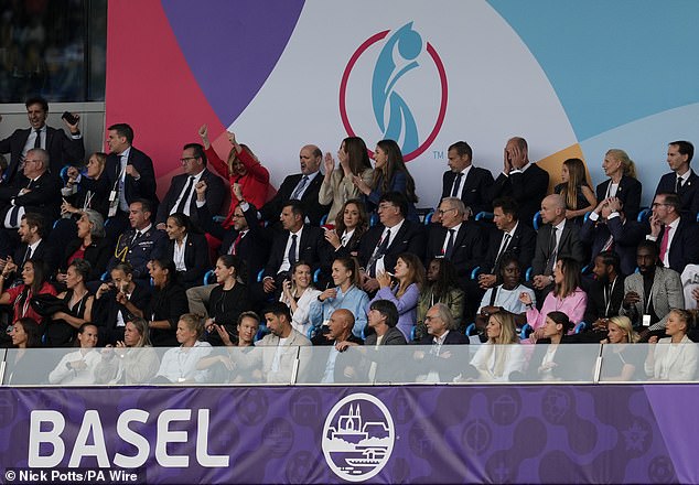 William put his head in his heads while his daughter looked solemn when the Spanish player one-upped England, as members of the Spanish royal family celebrated (pictured)