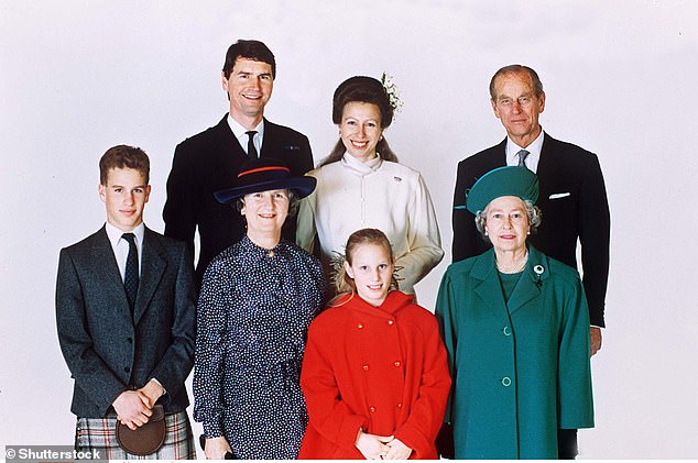 Anne and Sir Tim with their children Peter and Zara, along with Sir Tim's mother, Queen Elizabeth II and Prince Philip. Scotland was chosen as the location for the wedding because the Church of Scotland allows divorcees to remarry in their churches