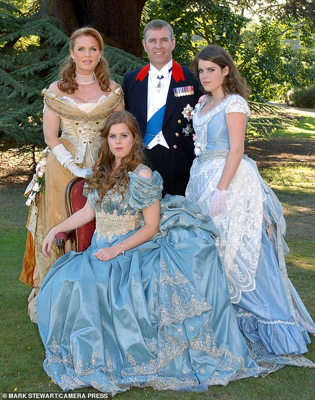 Princess Beatrice (centre, front) wears a lavish ballgown in front of parents the Duke and Duchess of York, and her sister Eugenie (right) in 2006