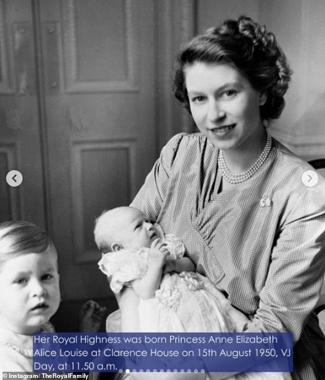 The late Queen Elizabeth held a young Princess Anne in her arms in one photograph shared on Instagram