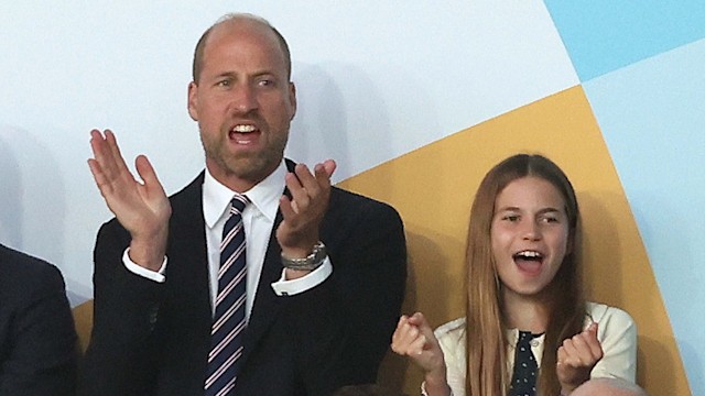  Prince William, Prince Of Wales & Princess Charlotte of Wales celebrate after England win the Penalty shoot out 