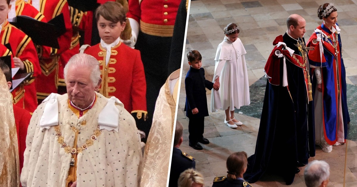 Charles, William, Kate and George arrive at Westminster Abbey
