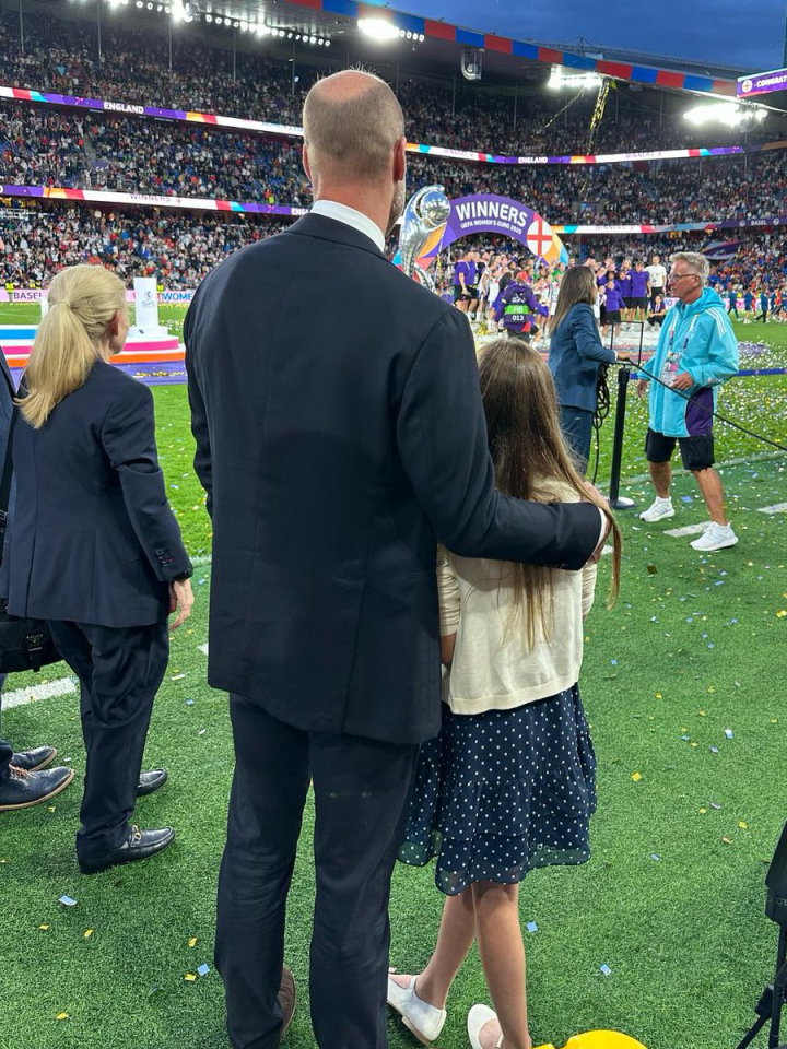 Man and child at a soccer game.