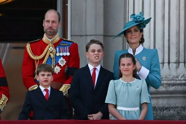 LONDON, UNITED KINGDOM JUNE 14: Prince William (L), Catherine, Princess of Wales (R), Prince Louis of Wales (front L), Prince George of Wales (C), and Princess Charlotte of Wales (front R) appear on the balcony of Buckingham Palace to greet the public during the "Trooping the Colour" parade in London, United Kingdom, on June 14, 2025. The parade has marked the official birthday of the British monarch for over 250 years. (Photo by Rasid Necati Aslim/Anadolu via Getty Images)