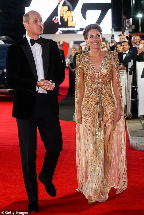 Mother-of-three Kate (pictured with Prince William) dazzled at the event in a custom Jenny Packham embellished Margot gown - which is usually priced at £2,800 - and featured cape sleeve detailing and structured shoulders
