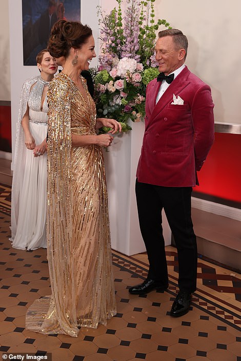 Sharing a laugh! Kate Middleton chats with 007 star Daniel Craig when attending the world premiere of the new James Bond film No Time To Die this evening
