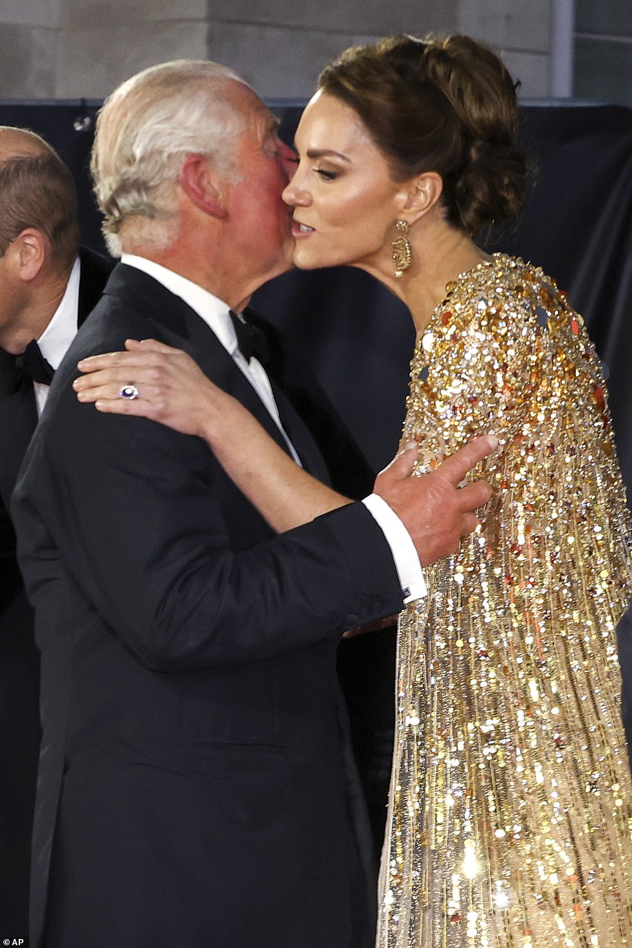 The Duchess of Cambridge joined Charles, Camilla, and her husband Prince William to meet 007 star Daniel Craig and other cast members including Rami Malek, Lea Seydoux and Lashana Lynch at the Royal Albert Hall in London (pictured)