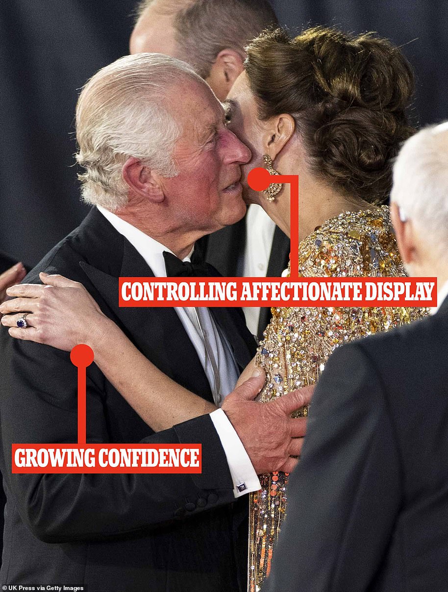 Kate Middleton's red carpet embrace with Prince Charles shows their genuine love for each other and her role as his 'emotional' support, body language expert Judi James told FEMAIL