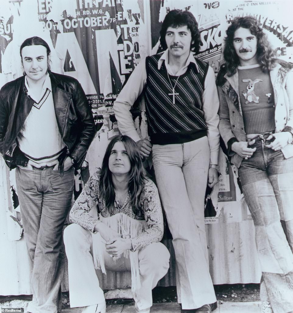 Osbourne (centre) is pictured with Black Sabbath bandmates Bill Ward (left), Tony Iommi (second from right) and Geezer Butler in 1975