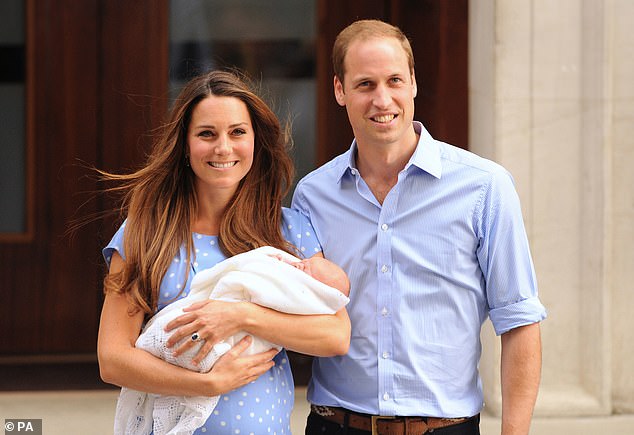 The future King, Prince George, was born on July 22, 2013, weighing 8lbs 6oz. He was born, as with his siblings, at the private Lindo Wing of St Mary's hospital at 4.24pm. Pictured: The then Duke and Duchess of Cambridge leaving hospital with Prince George