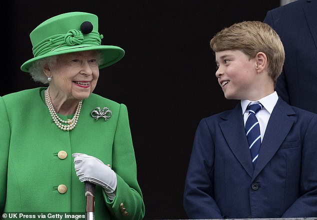 When George was born the Queen said she was 'delighted' with the news, while Prince Charles was overwhelmed, adding that he was 'overjoyed' and 'enormously proud and happy to be a grandfather for the first time'. Pictured: The Queen and Prince George on the balcony of Buckingham Palace in June 2022