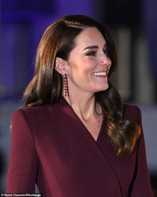 For the 2022 Together at Christmas carol concert, Kate dazzled in a berry-toned ensemble, featuring an Eponine coat and Gianvito Rossi pumps