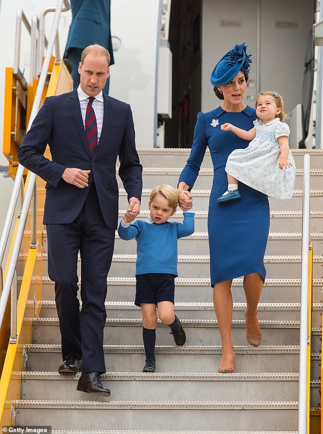 Prince William and Kate Middleton disembark a plane with George and Charlotte during a trip to Canada in 2016. From his 12th birthday, George will no longer be permitted to fly on the same plane as William