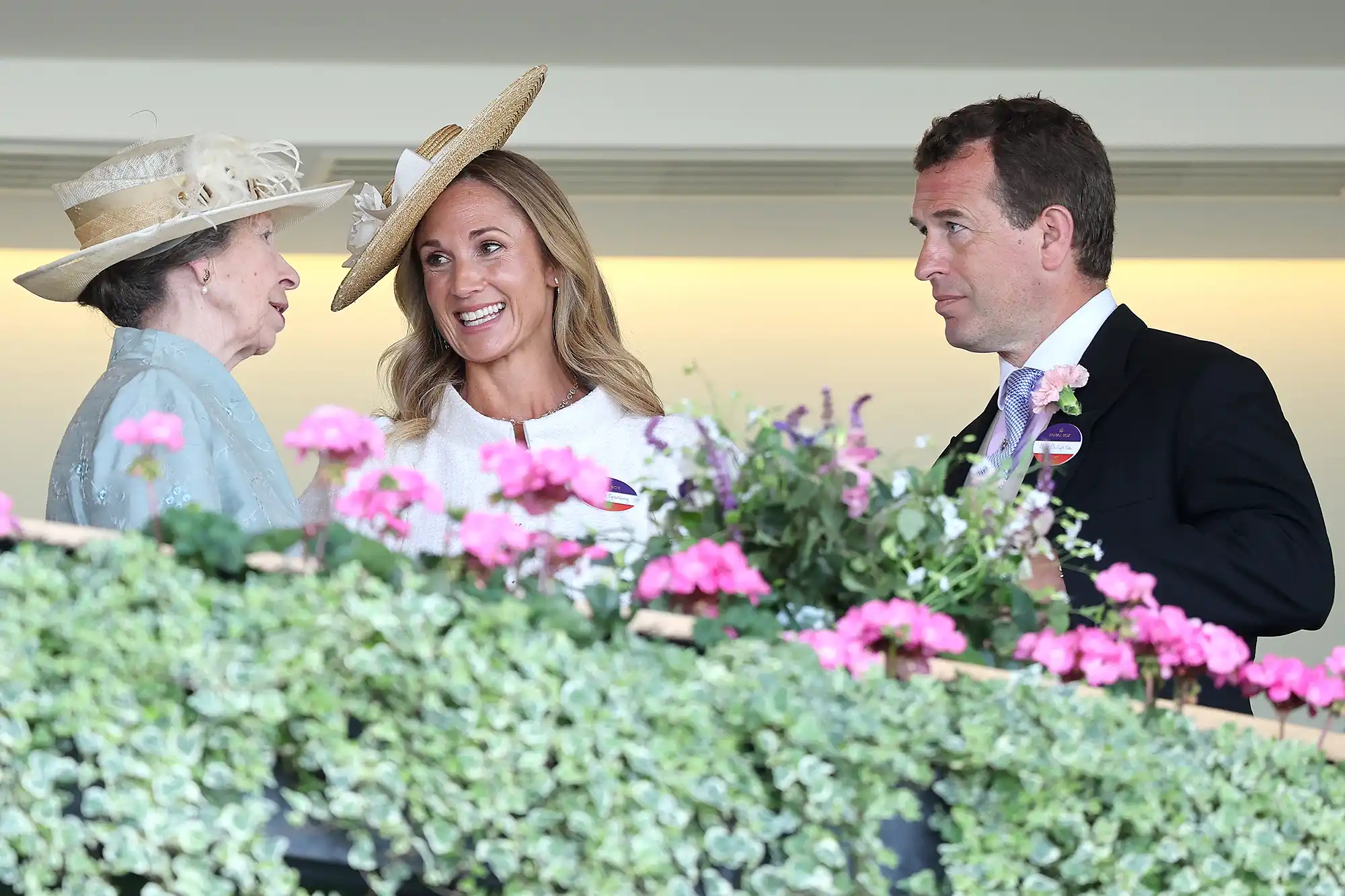 ASCOT, ENGLAND - JUNE 17: Anne, Princess Royal, Harriet Sperling and Peter Phillips speak with each other as they attend day one of Royal Ascot at Ascot Racecourse on June 17, 2025 in Ascot, England.