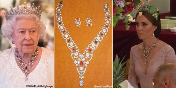 OMG! Princess Catherine MESMERIZES the World in STUNNING Pink Gown and Late Queen’s Ruby & Diamond Floral Bandeau Necklace That Camilla Never Had