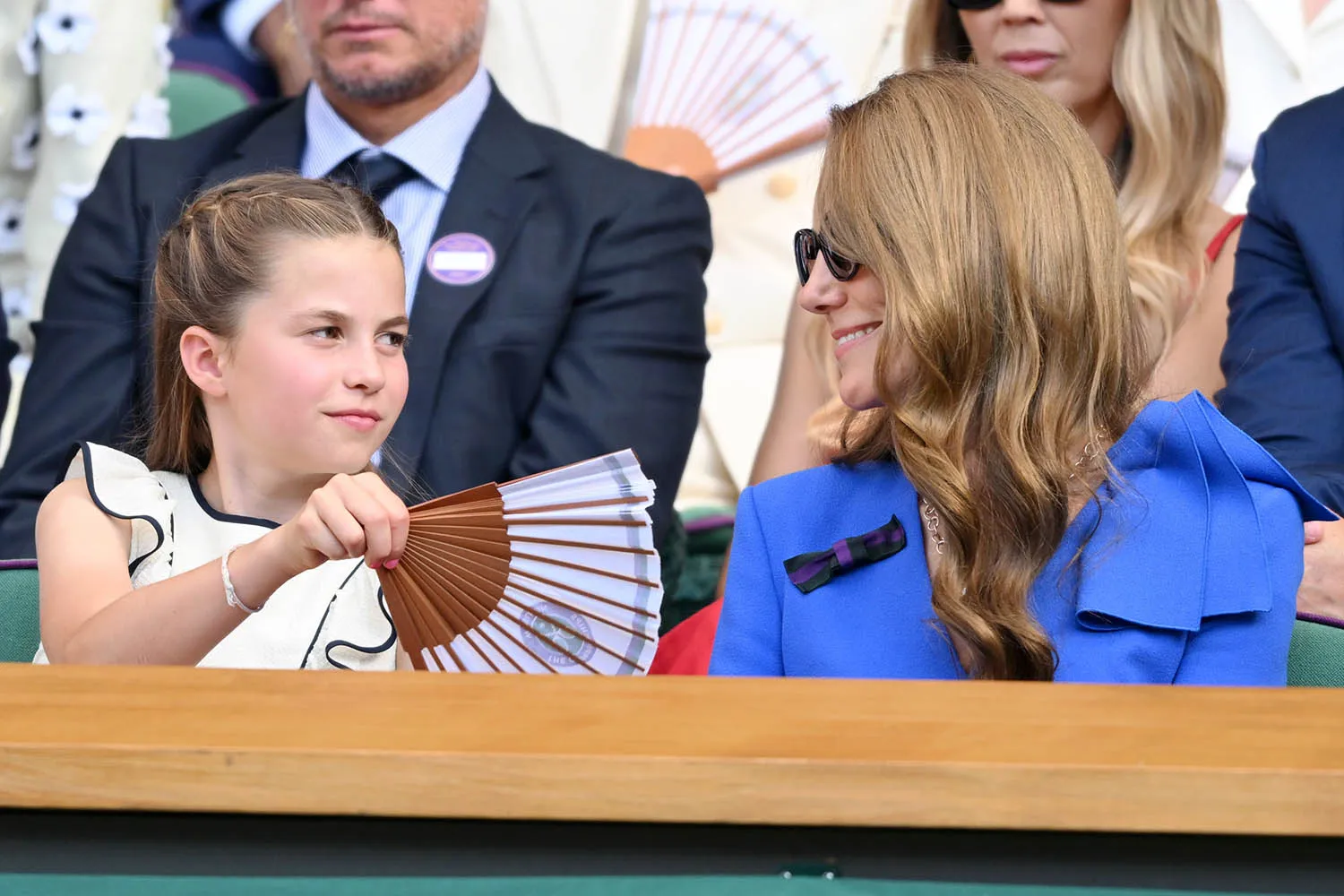 Princess Charlotte of Wales and Catherine, Princess of Wales attend day fourteen of the Wimbledon Tennis Championships at the All England Lawn Tennis and Croquet Club at All England Lawn Tennis and Croquet Club on July 13, 2025 in London, England.