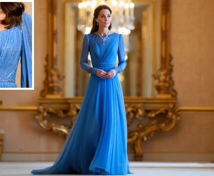 The Frozen Fairytale  When Princess Catherine stepped into the ballroom, the world fell silent. In an ice-blued glittering gown that shimmered like frozen starlight — and with Queen Elizabeth’s iconic diamond-and-sapphire necklace resting against her collarbone — she wasn’t just attending an event. She was making history. Witnesses said it felt like a coronation rehearsal. Fans said Diana’s spirit was in the room. And the internet? It melted instantly