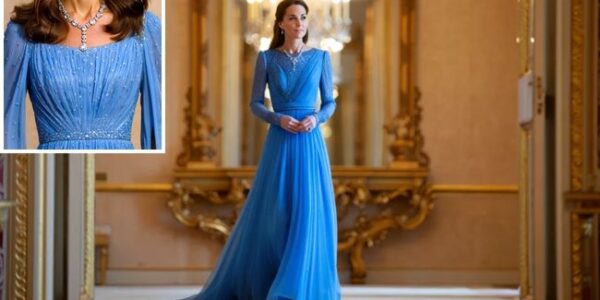 The Frozen Fairytale  When Princess Catherine stepped into the ballroom, the world fell silent. In an ice-blued glittering gown that shimmered like frozen starlight — and with Queen Elizabeth’s iconic diamond-and-sapphire necklace resting against her collarbone — she wasn’t just attending an event. She was making history. Witnesses said it felt like a coronation rehearsal. Fans said Diana’s spirit was in the room. And the internet? It melted instantly