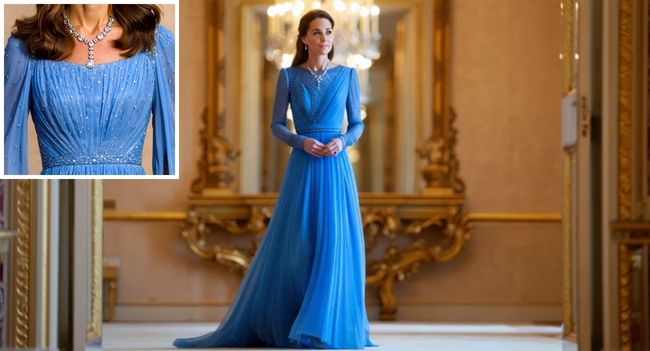 The Frozen Fairytale  When Princess Catherine stepped into the ballroom, the world fell silent. In an ice-blued glittering gown that shimmered like frozen starlight — and with Queen Elizabeth’s iconic diamond-and-sapphire necklace resting against her collarbone — she wasn’t just attending an event. She was making history. Witnesses said it felt like a coronation rehearsal. Fans said Diana’s spirit was in the room. And the internet? It melted instantly