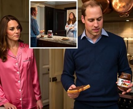 The Royal Nutella Scandal at 2 A.M.  Insiders say Prince William was busted sneaking into the palace kitchen at 2 a.m. — on a mission for Nutella toast. When Kate caught him red-handed, he shrugged and said: “Future kings get hungry too.” Kate’s response? The ultimate royal burn: “I’ll be royally locking the Nutella jar from now on”