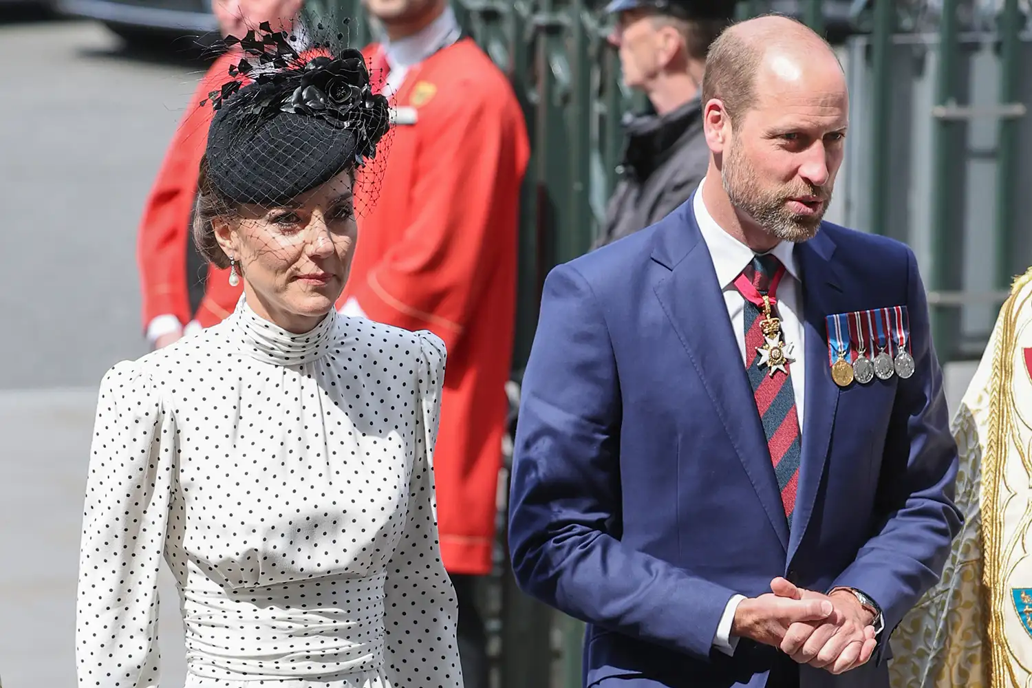 Catherine, Princess of Wales and Prince William, Prince of Wales smile as they attend the Thanksgiving Service to mark the 80th anniversary of VE Day at Westminster Abbey