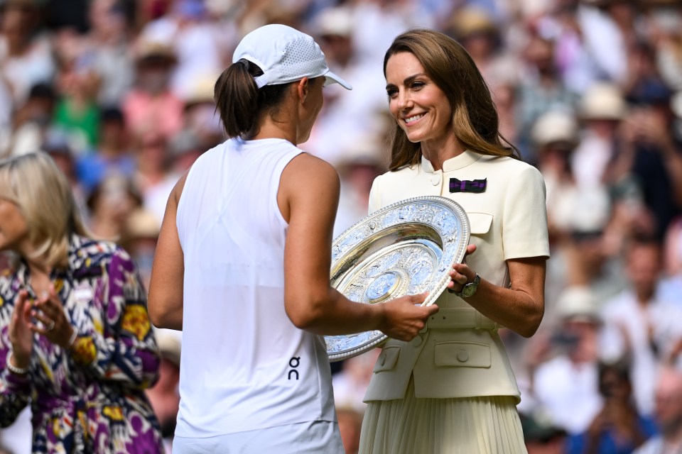 Catherine, Princess of Wales, presenting the Women's Singles Trophy at Wimbledon.