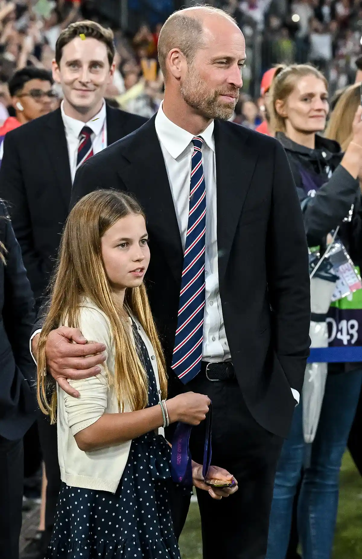 Charlotte of Wales and William, Prince of Wales looks on after the UEFA Women's EURO 2025 Final match