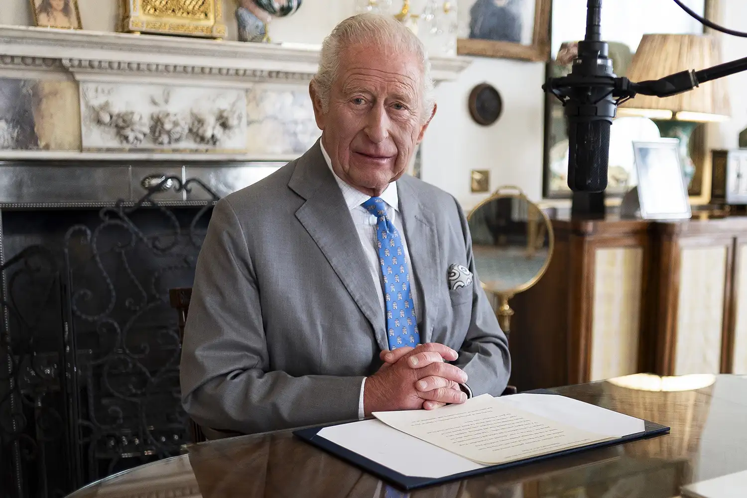 King Charles III records an 80th Anniversary VJ Day message in the Morning Room of Clarence House