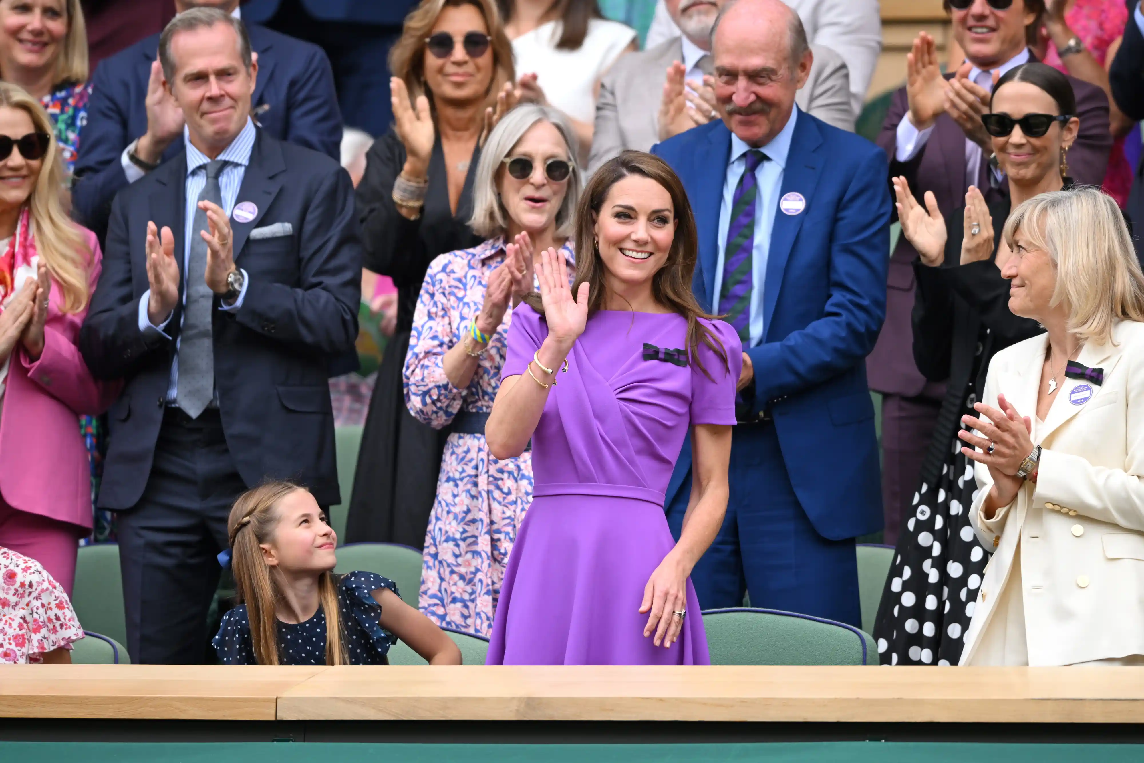 Catherine, Princess of Wales, Stan Smith, Tom Cruise, Bec Hewitt and Debbie Jevans court-side of Centre Court during the men's final on day fourteen of the Wimbledon Tennis Championships