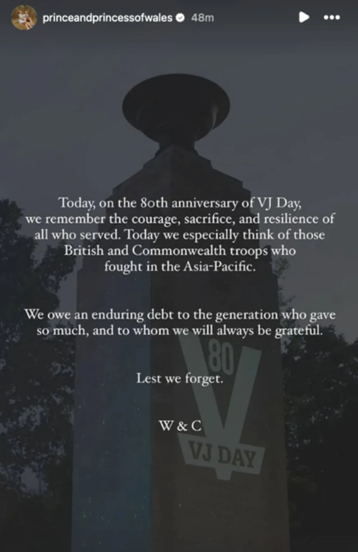 Prince William and Kate issue message on VJ Day