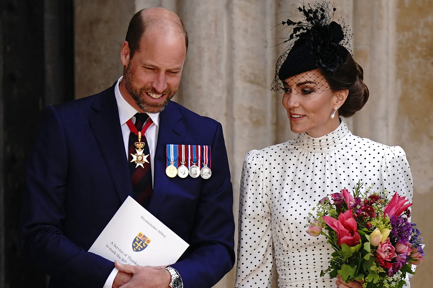 Prince William, Prince of Wales and Britain's Catherine, Princess of Wales leave following a service of thanksgiving to mark the 80th anniversary of VE Day