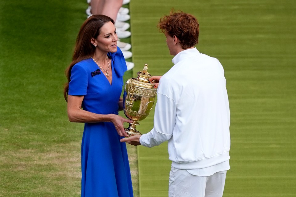 The Princess of Wales presenting the Gentlemen's Singles Trophy to Jannik Sinner at Wimbledon.